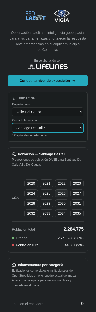 Barra lateral de Vigía con el selector de departamento y municipio en Santiago de Cali, y la tarjeta de población mostrando población urbana y rural del municipio